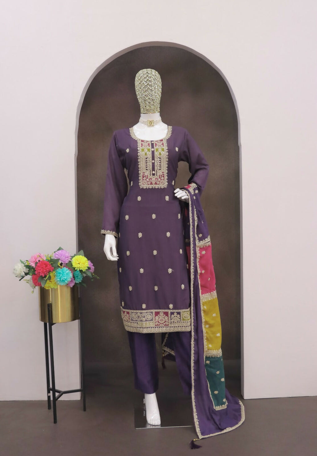Teeya Creation Lavender Color Chinon Silk Embroidery Work Wedding Wear Designer Salwar Suit | Grocsy