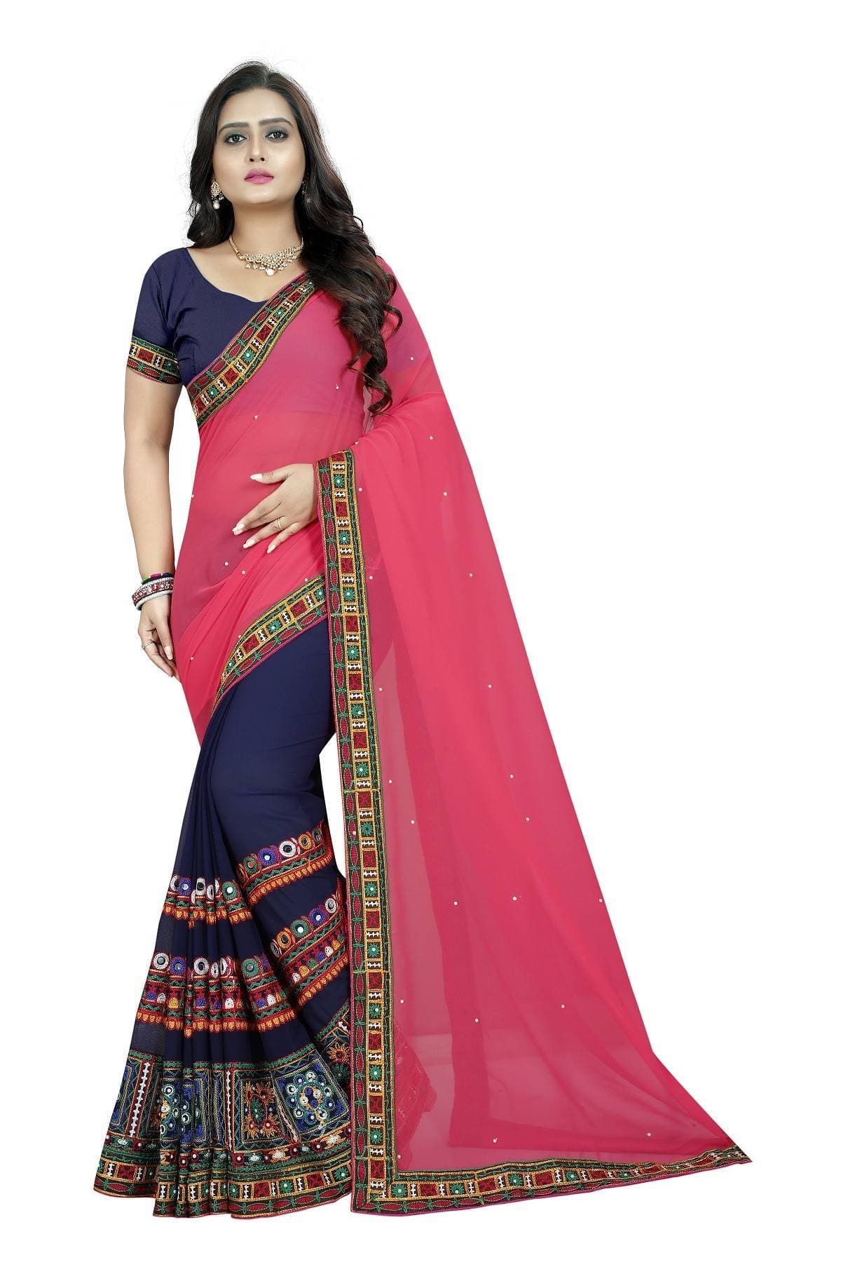 Vamika Blue & Peach Georgette Designer Saree | Grocsy