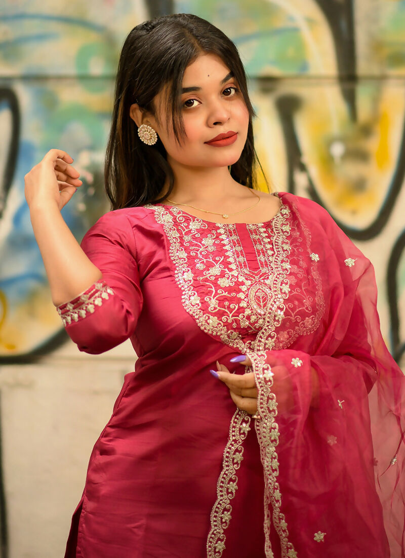 Vellora Soft Pink Silk Blend Embroidered Readymade Suit for Casual Outings | Grocsy