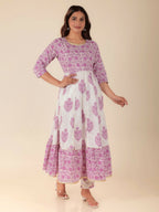 Aramya Anarkali Soft Cotton Floral Print Women's Kurta Set - White | Grocsy
