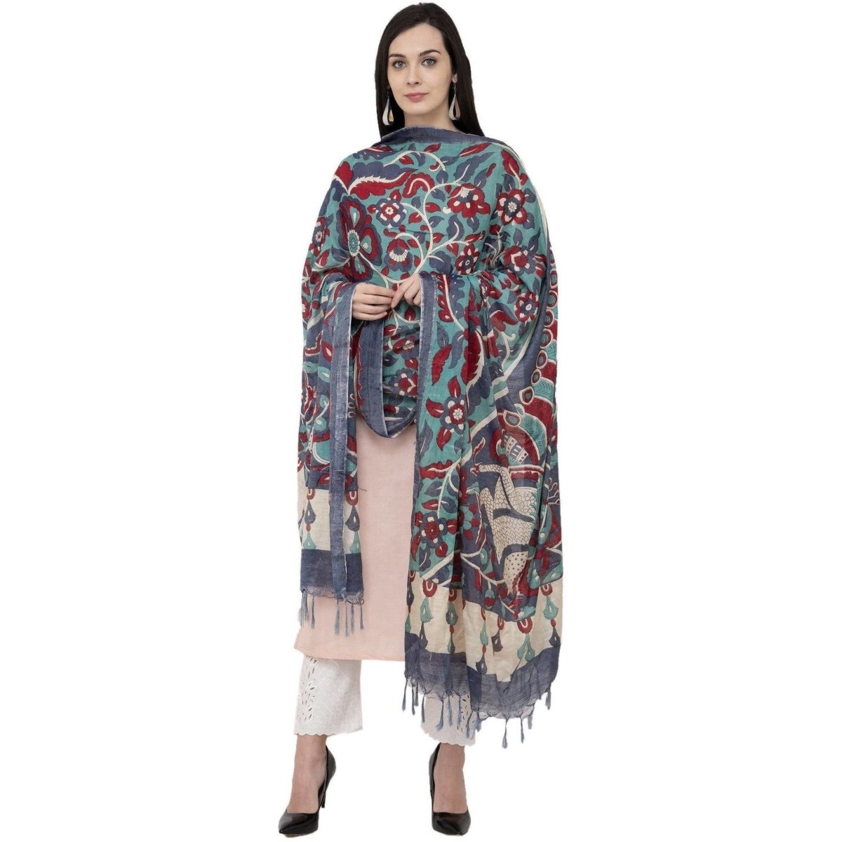 A R Silk Modal Kalamkari Print Fancy Grey Coloured Dupatta | Grocsy