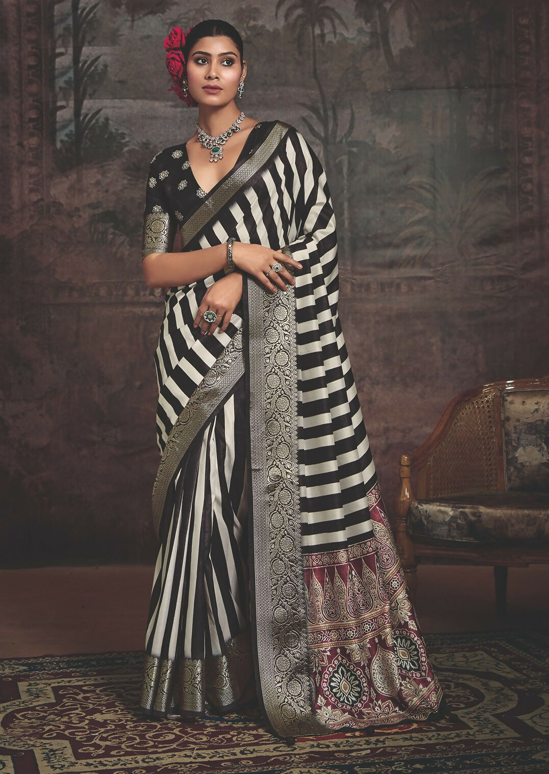 Joban Fashion Multicolor Art Silk With Fine Viscose Border Ajrak Full Body Print With Soft Finish Saree | Grocsy