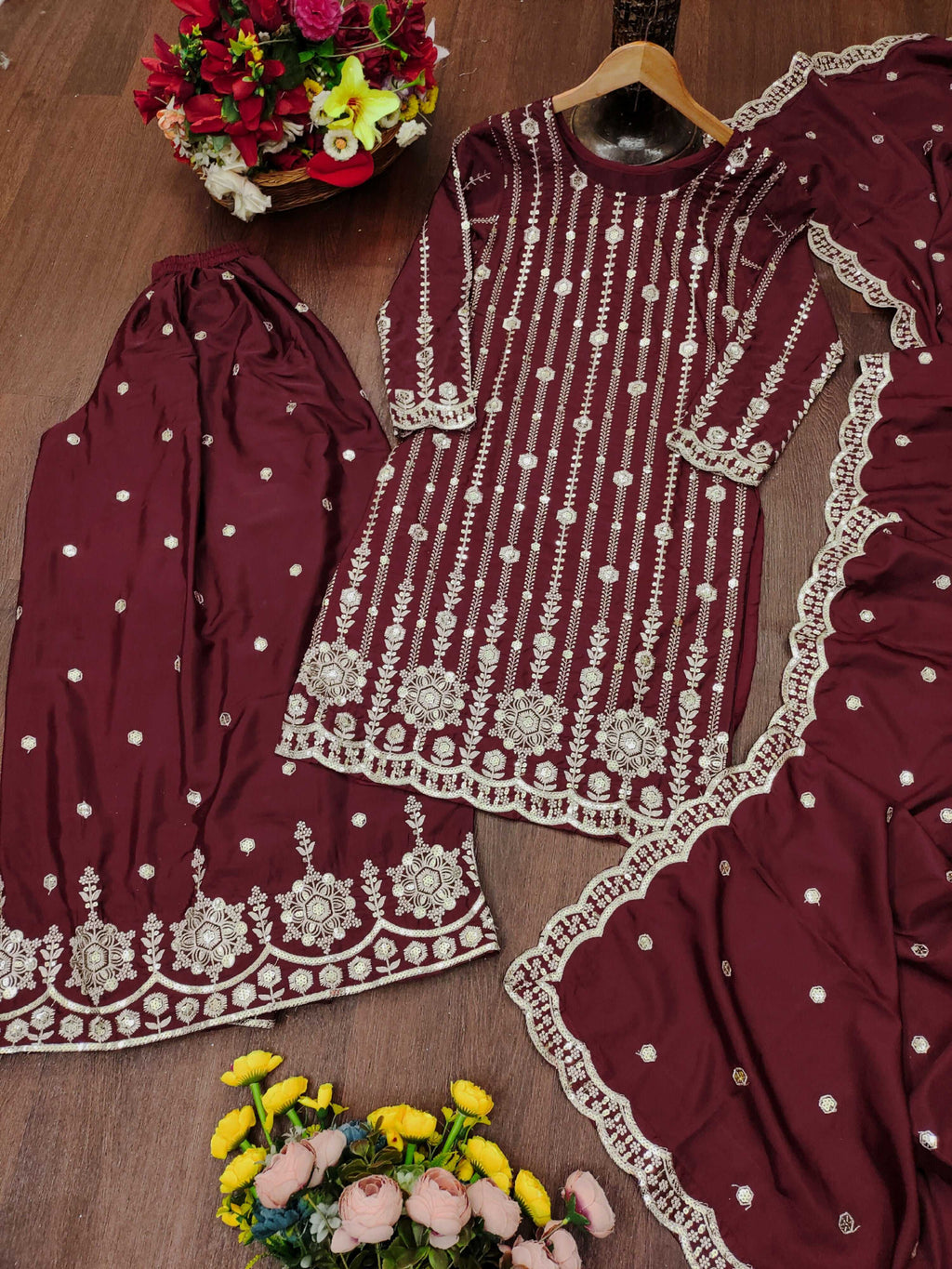 The52 Women's Gorgeous Embroidery Work Natural Crepe Fabric Straight Kurta Sharara and Dupatta Set-Maroon | Grocsy