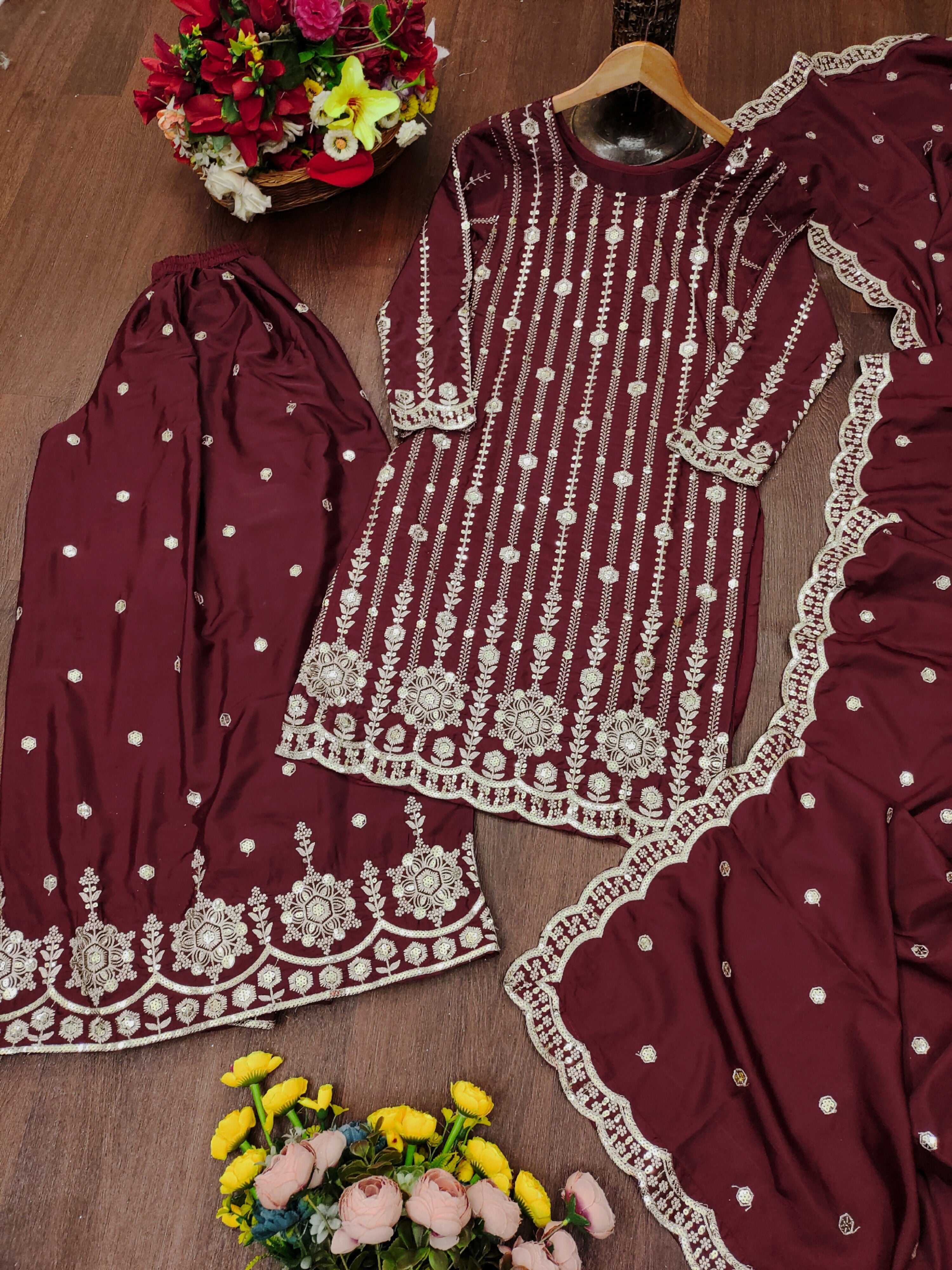 The52 Women's Gorgeous Embroidery Work Natural Crepe Fabric Straight Kurta Sharara and Dupatta Set-Maroon | Grocsy
