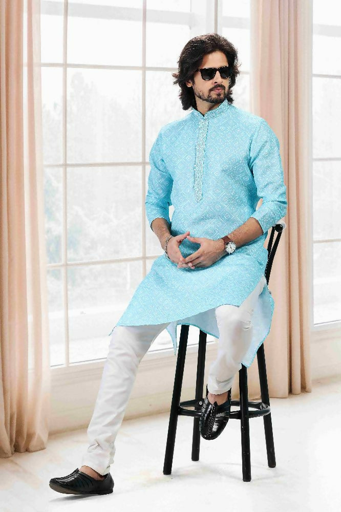 Raivat Ethnic Cotton Thread Work Kurta Pajama In Sky Blue Colour | Grocsy