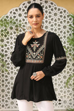 Juniper Women's Black Rayon Crepe Solid With Embroidery Straight Tunic | Grocsy