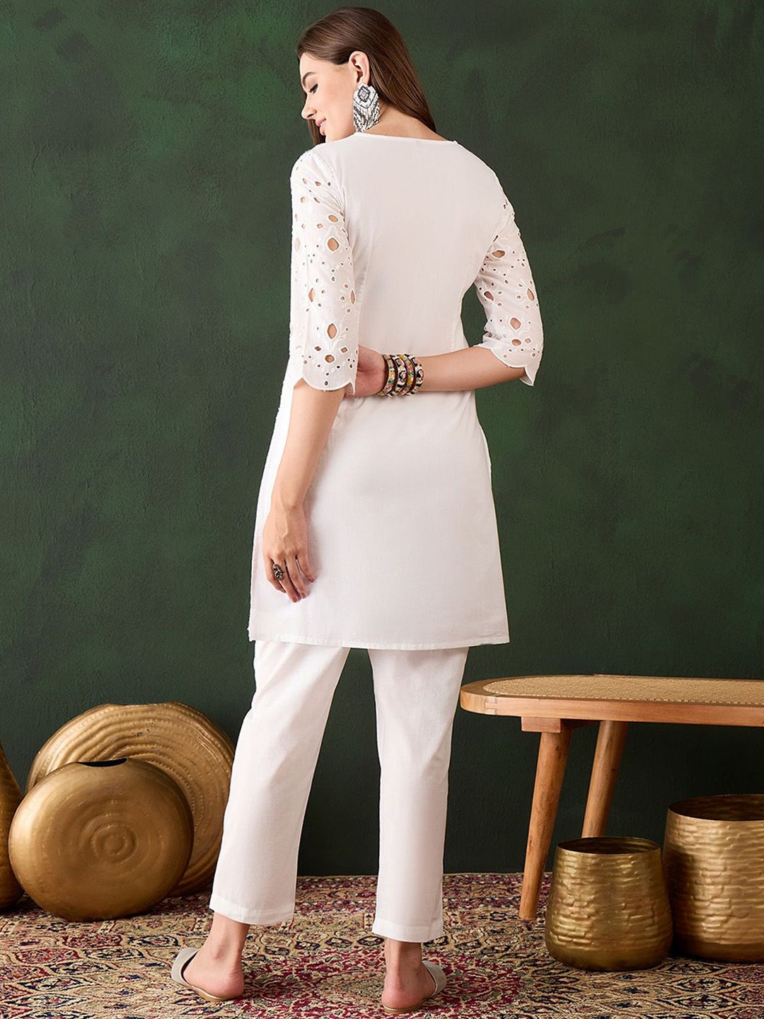 Sangria White Floral Embroidered V-Neck Mirror Work Pure Cotton Kurta with Trousers | Grocsy