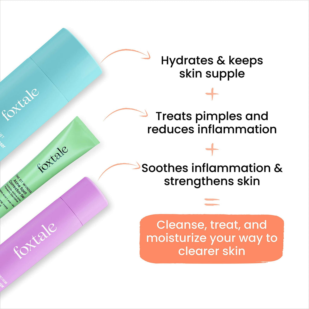 Foxtale ABC of Acne Control Trio Skin Care Kit: Acne Spot Correct Gel + Cleanser Face Wash + Ceramide Moisturizer | Grocsy