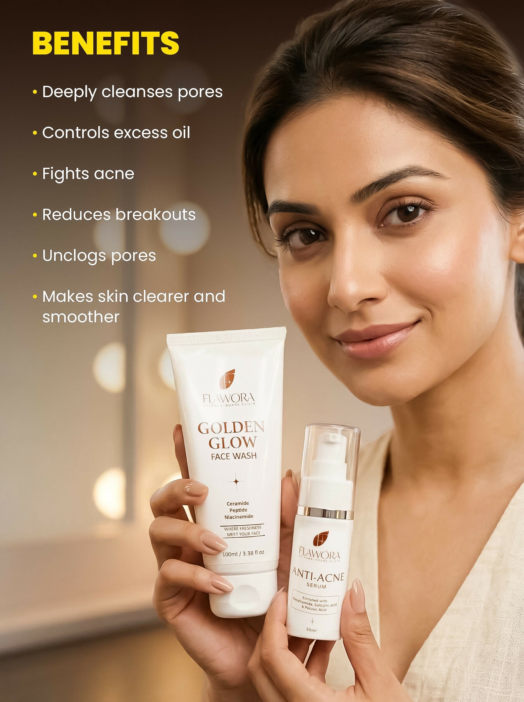 Flawora Set of Golden Glow Face Wash and Anti Acne Serum | Grocsy