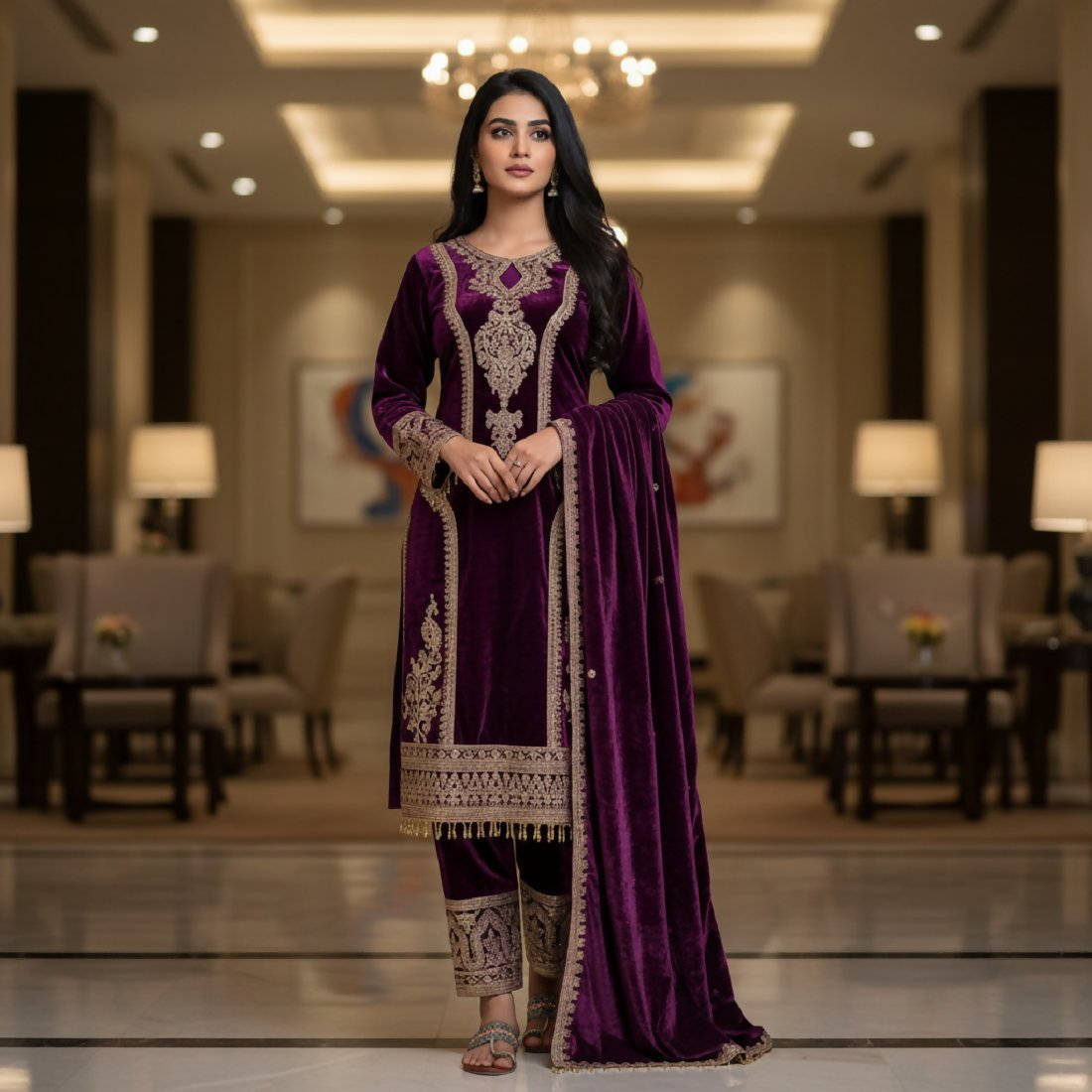 Joban Fashion Purple Velvet Embroidery Sequence Work Readymade Kurta Set | Grocsy