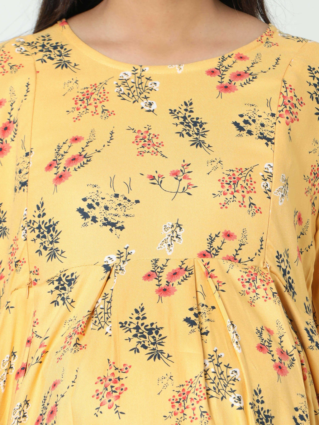 Manet Three Fourth Maternity Dress Floral Print With Concealed Zipper Nursing Access - Yellow | Grocsy