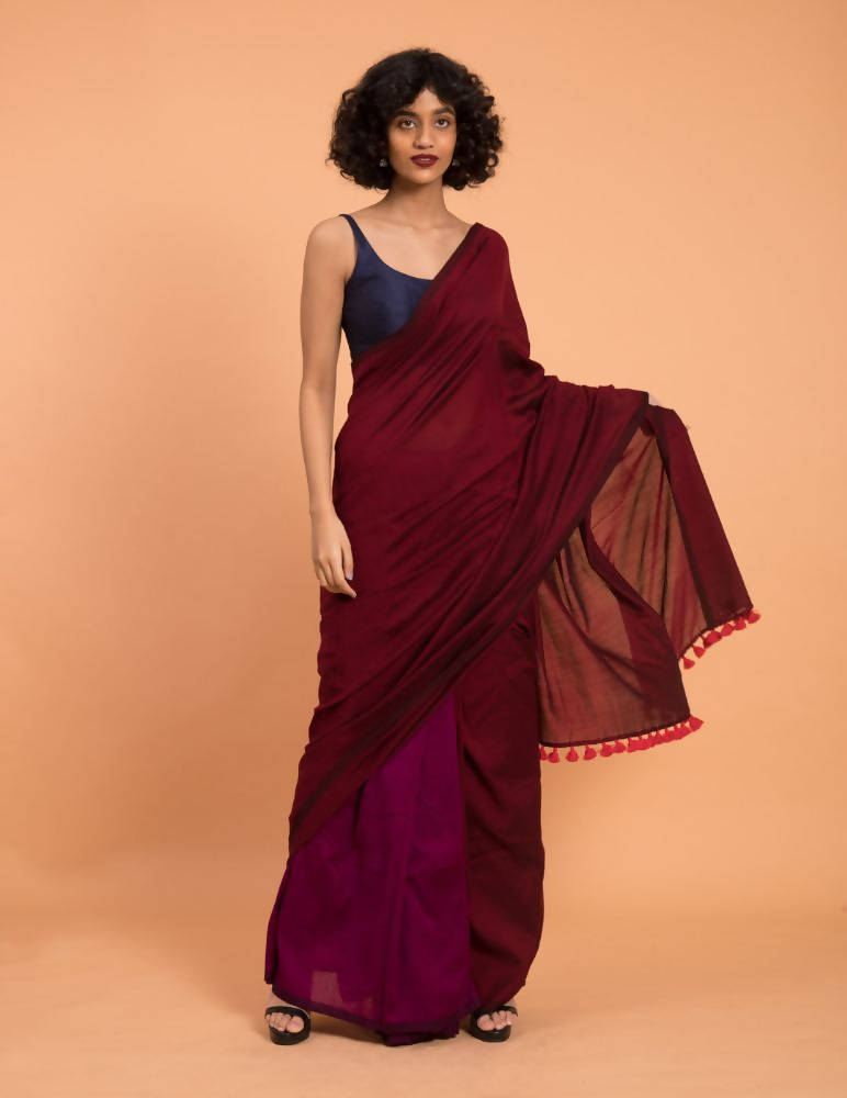 Suta Purple Maroon Colourblocked Cotton Acrylic Saree | Grocsy
