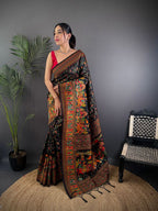 Elora Black Pashmina Silk Meenakari Weaving Madhubani Design Kashmiri Saree | Grocsy