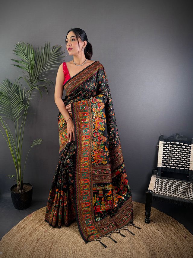 Elora Black Pashmina Silk Meenakari Weaving Madhubani Design Kashmiri Saree | Grocsy
