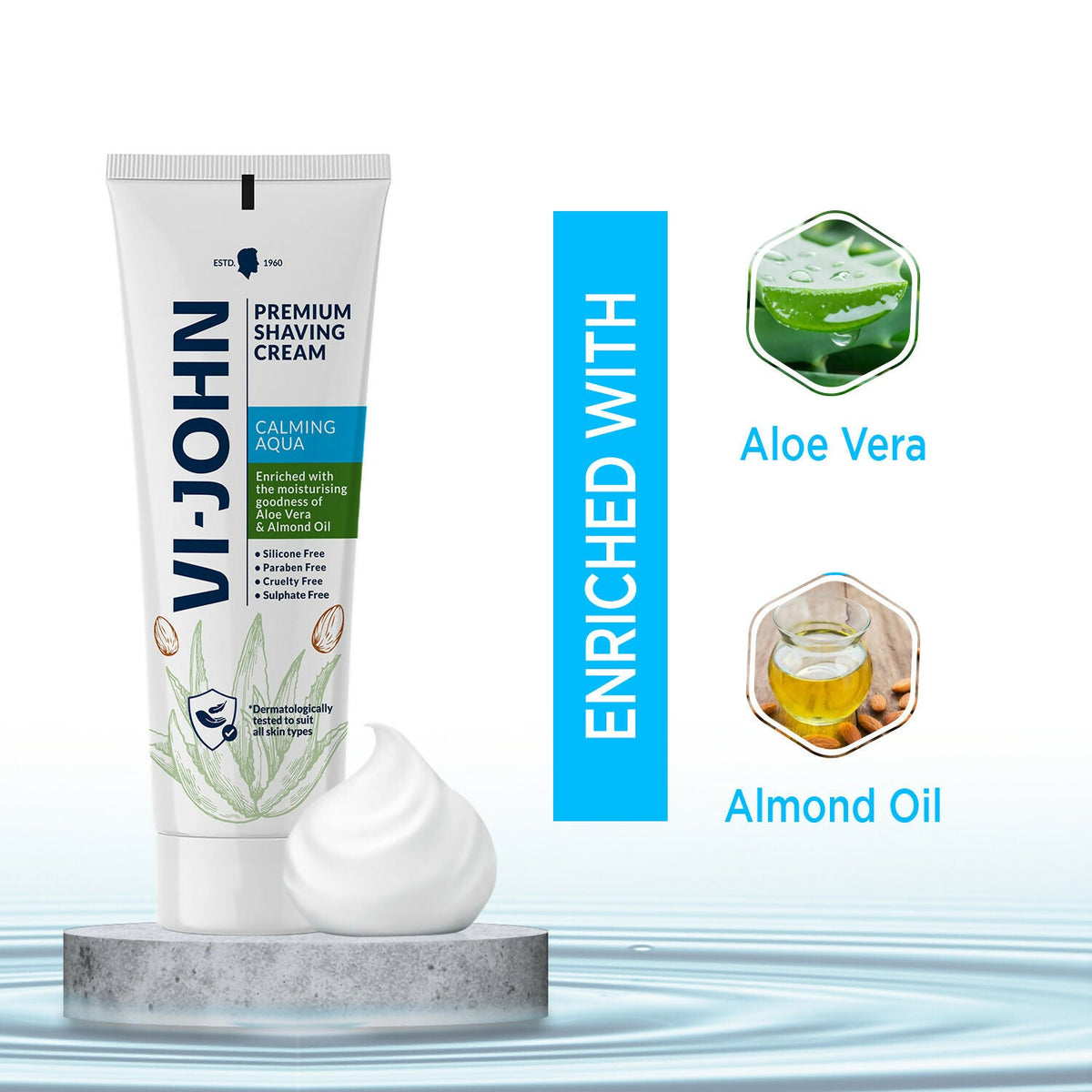 VI-JOHN Dermatologically Tested Premium Claming Aqua Shaving Cream Enriched with Aloevera & Almond Oil free From Silicone,Paraben & Mineral Oil | Grocsy
