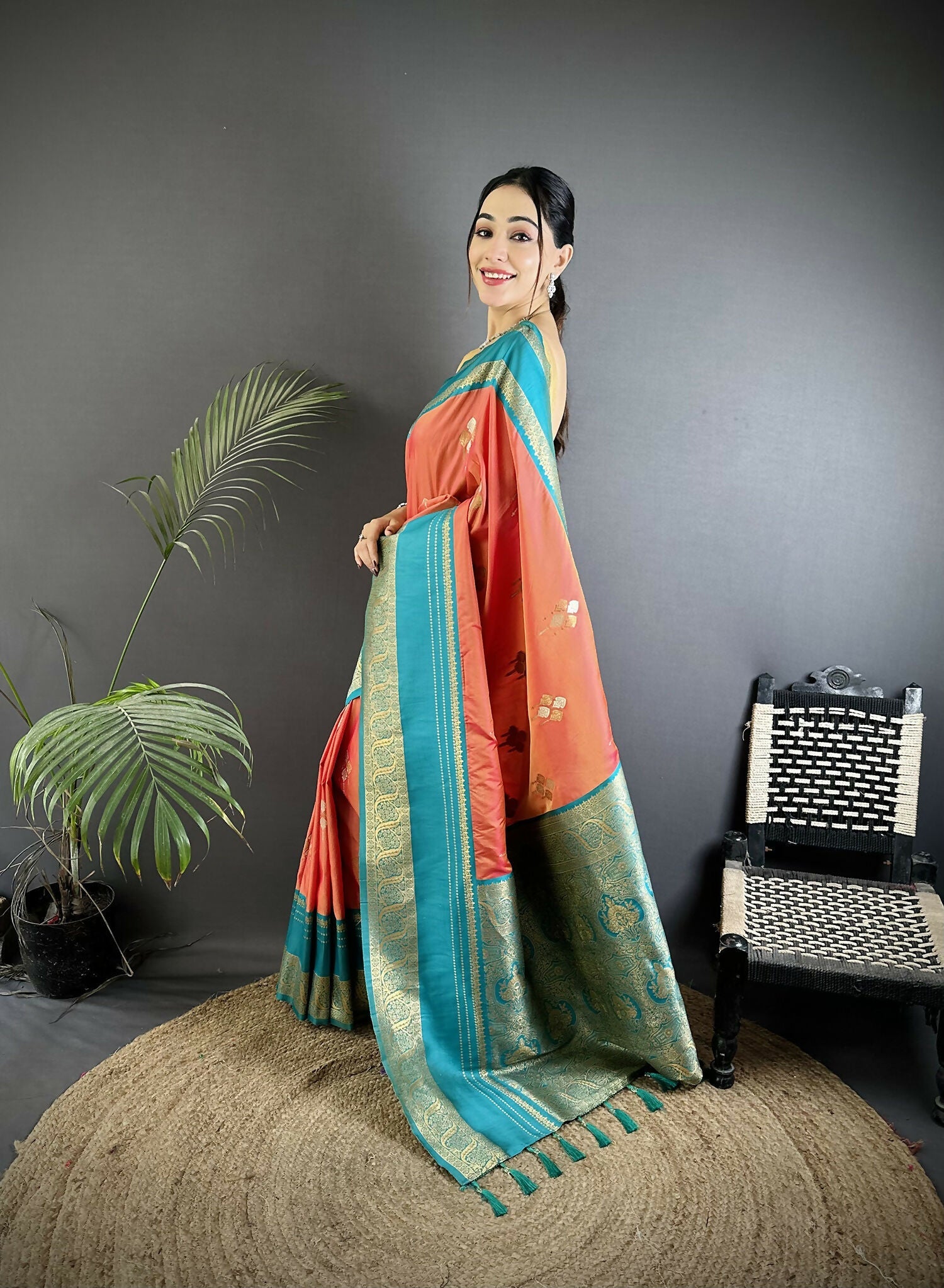 Joban Fashion Peach Banarasi Soft Silk Woven Saree | Grocsy