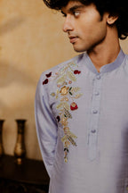 Falling Raw Silk Power Blue Botanical Bloom Kurta Set By Hilo Design | Grocsy