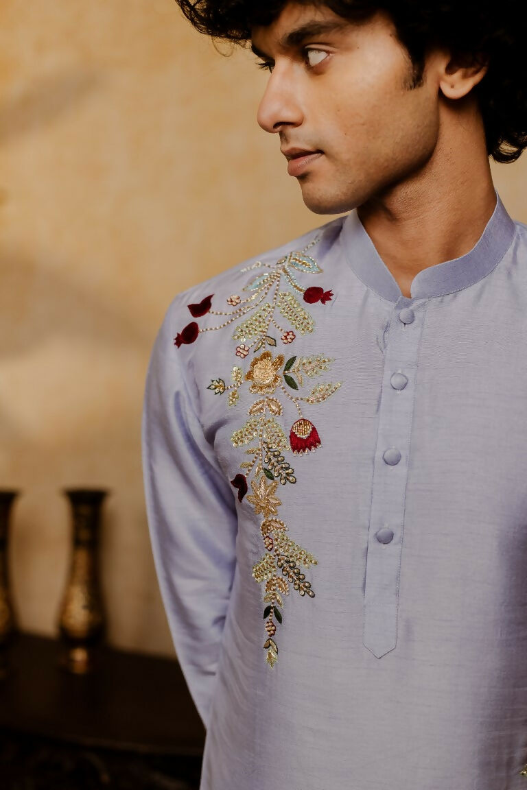 Falling Raw Silk Power Blue Botanical Bloom Kurta Set By Hilo Design | Grocsy