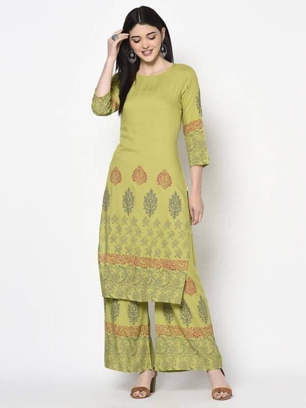 Aniyah Rayon Parrot Green Color Block Print Flared Slip-On Palazzo (AN-196K) | Grocsy