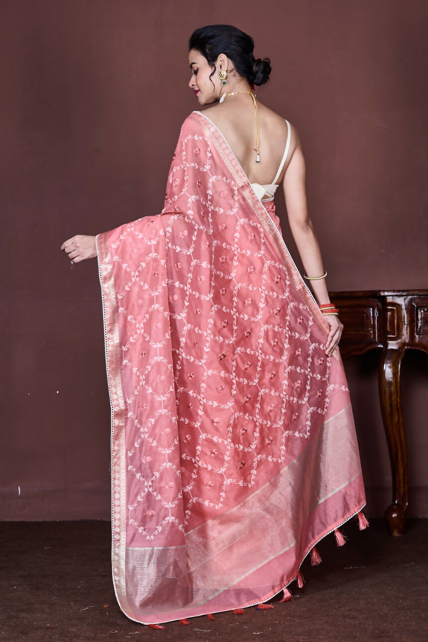 Morchari Peach Cotton Chanderi Embroidery Saree Unstitched Blouse | Grocsy