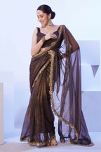 Brown C/H Net Solid Designer & Lace Work Saree - Samaa | Grocsy