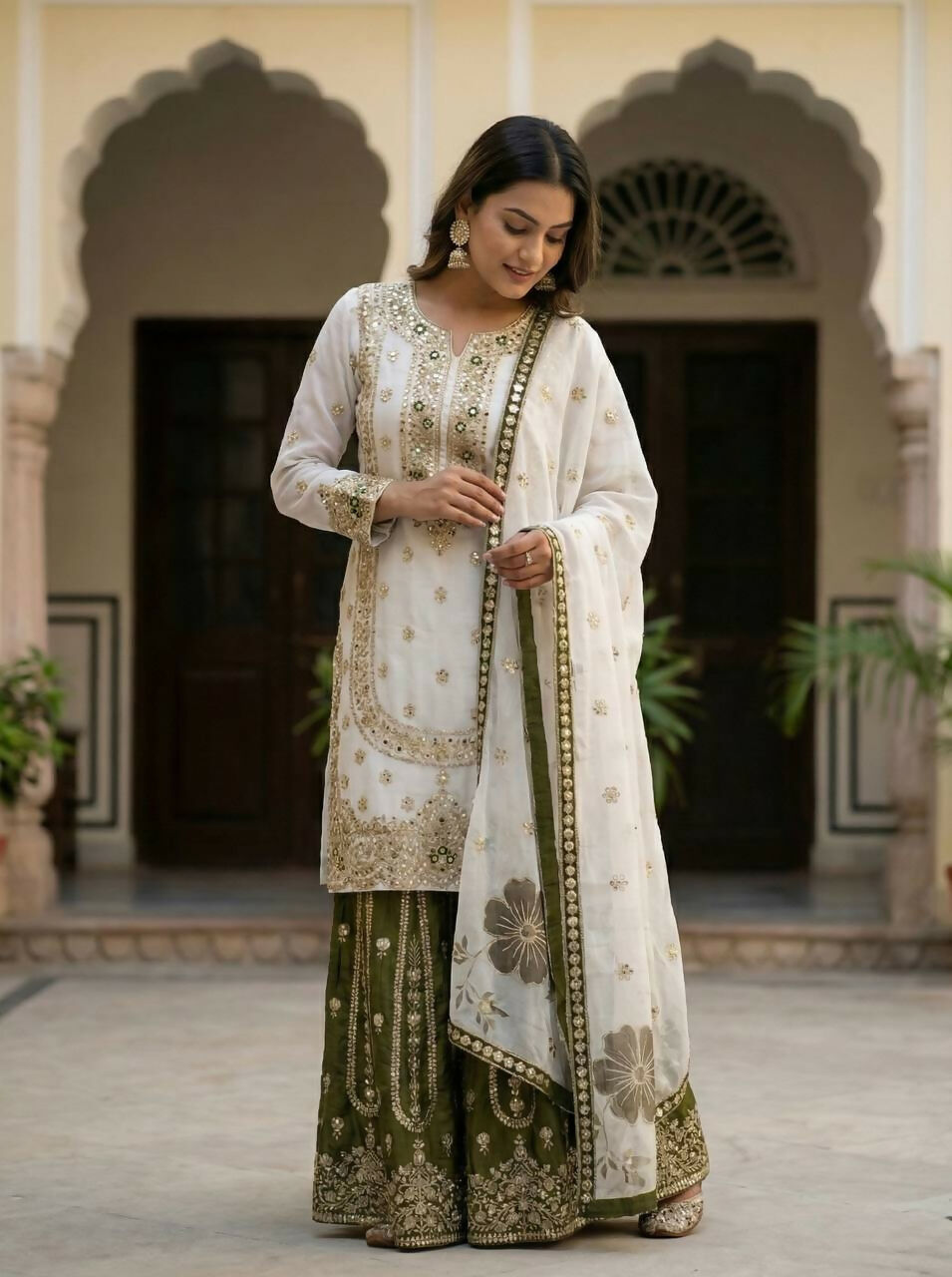 Teeya Creation Green Gimmy Silk Designer Embroidery Work Wedding Wear Palazzo Pair | Grocsy