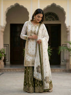 Teeya Creation Green Gimmy Silk Designer Embroidery Work Wedding Wear Palazzo Pair | Grocsy