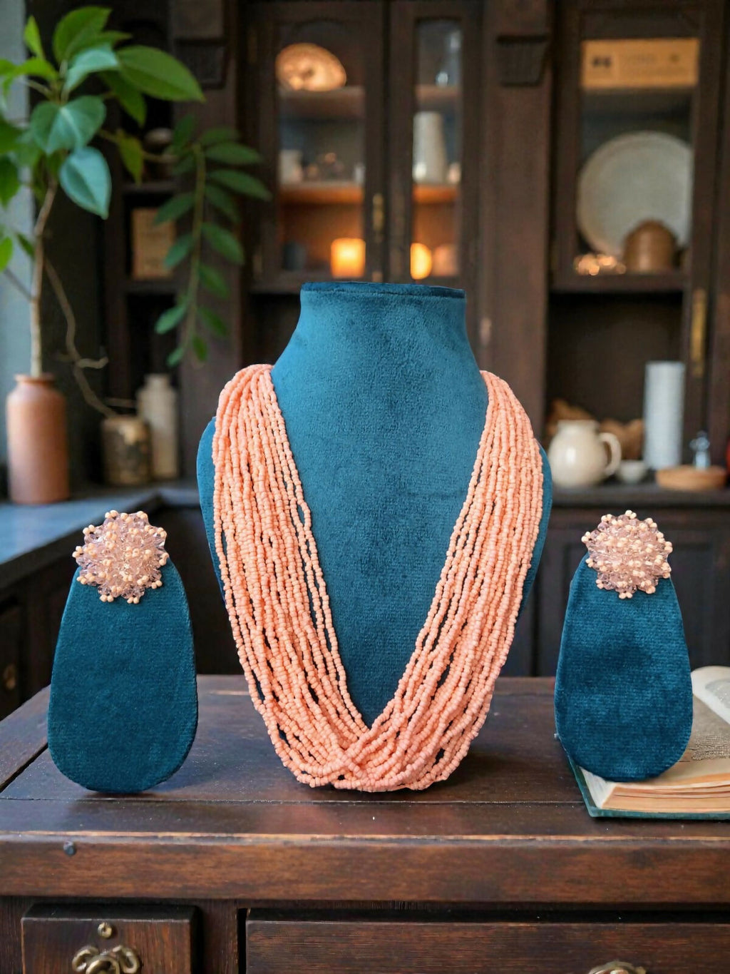 Inhanns Vibrant Handmade 20 Layers Beaded Necklace With Matching Earrings - Light Peach | Grocsy