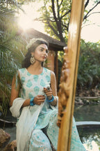 Juniper Blue Ethnic Motif Printed Georgette Kurta Sharara & Chiffon Dupatta Set | Grocsy