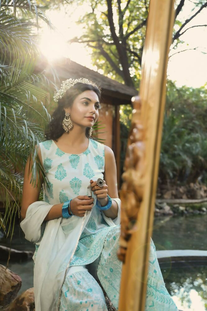 Juniper Blue Ethnic Motif Printed Georgette Kurta Sharara & Chiffon Dupatta Set | Grocsy