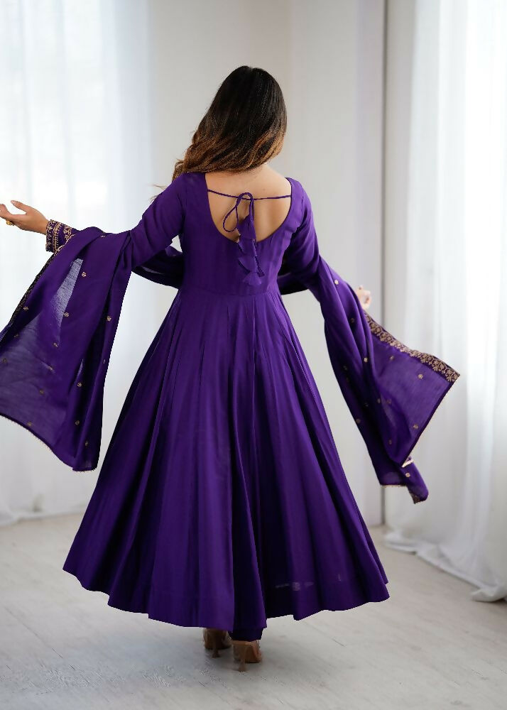 The52 Women's Beautiful Embroidery Work Roman Chanderi Silk Fabric Flared Anarkali Pant and Dupatta Set | Grocsy