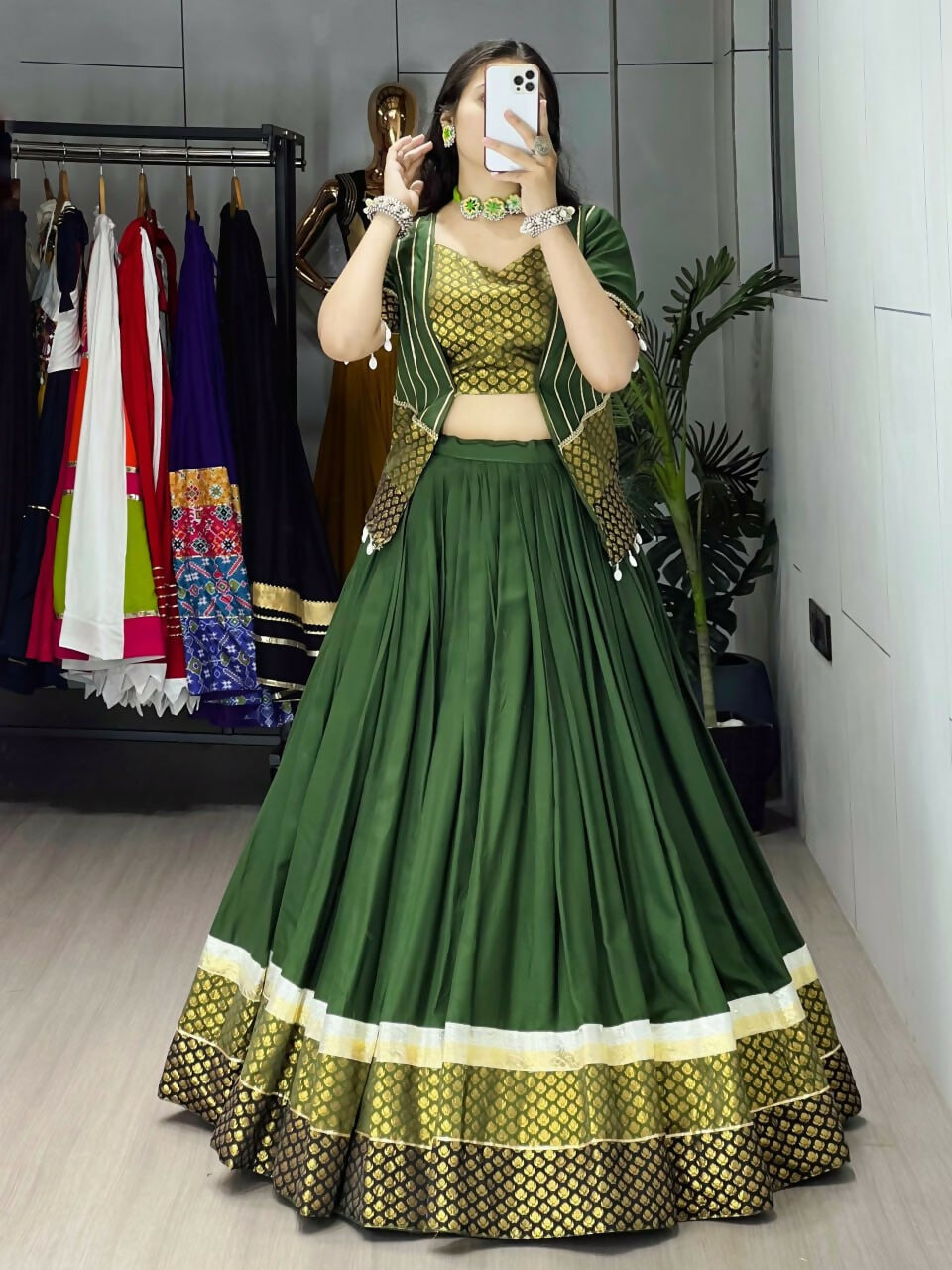 Yash Enterprise Mehndi Rayon Cotton Embroidery Semi Stitched Navratri Top Chaniya Choli | Grocsy
