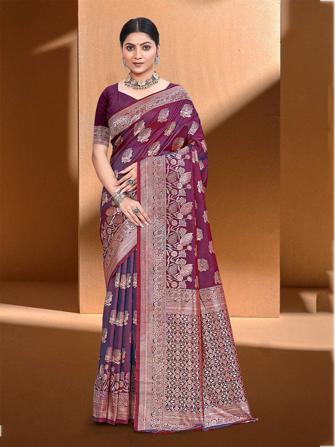 Sangam Prints Magenta  Silk Woven Work Traditional Saree | Grocsy