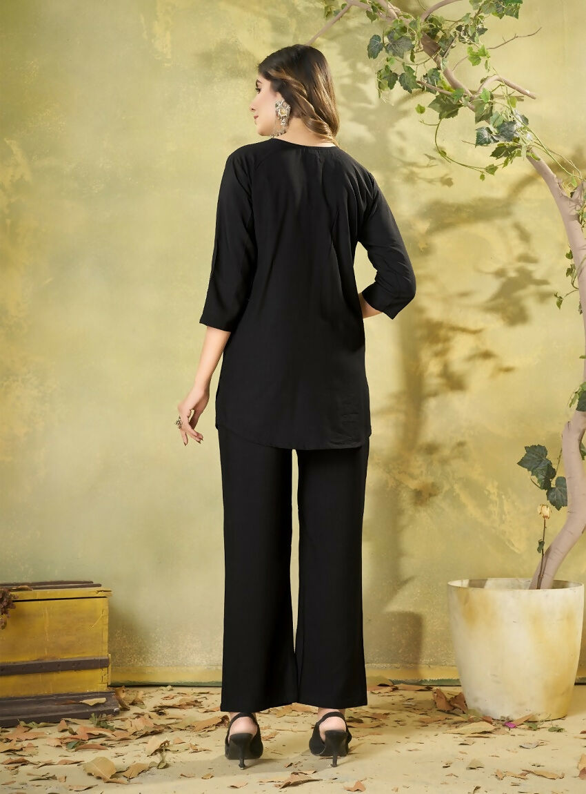 Teeya Creation Women Jet Black Embroidered Tunic & Pant Co-Ord Set | Grocsy