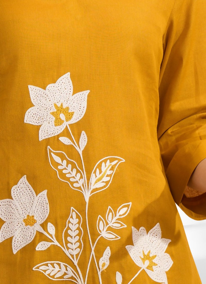 Joban Fashion Mustard Cotton, Linen Embroidered Readymade Cord Set | Grocsy