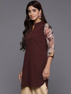 Ahalyaa Brown & Gold-Toned Mandarin Collar Printed Tunic - Brown Color | Grocsy