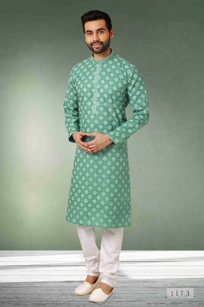 Raivat Ethnic Cotton Printed Work Kurta Pajama In Green Colour | Grocsy