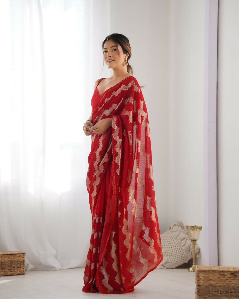 Red Georgette Sequance Embroidery Work Border Saree - Sitare | Grocsy
