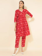 Janasya Women's Red Cotton Floral Printed Casual Flared Co-ords | Grocsy