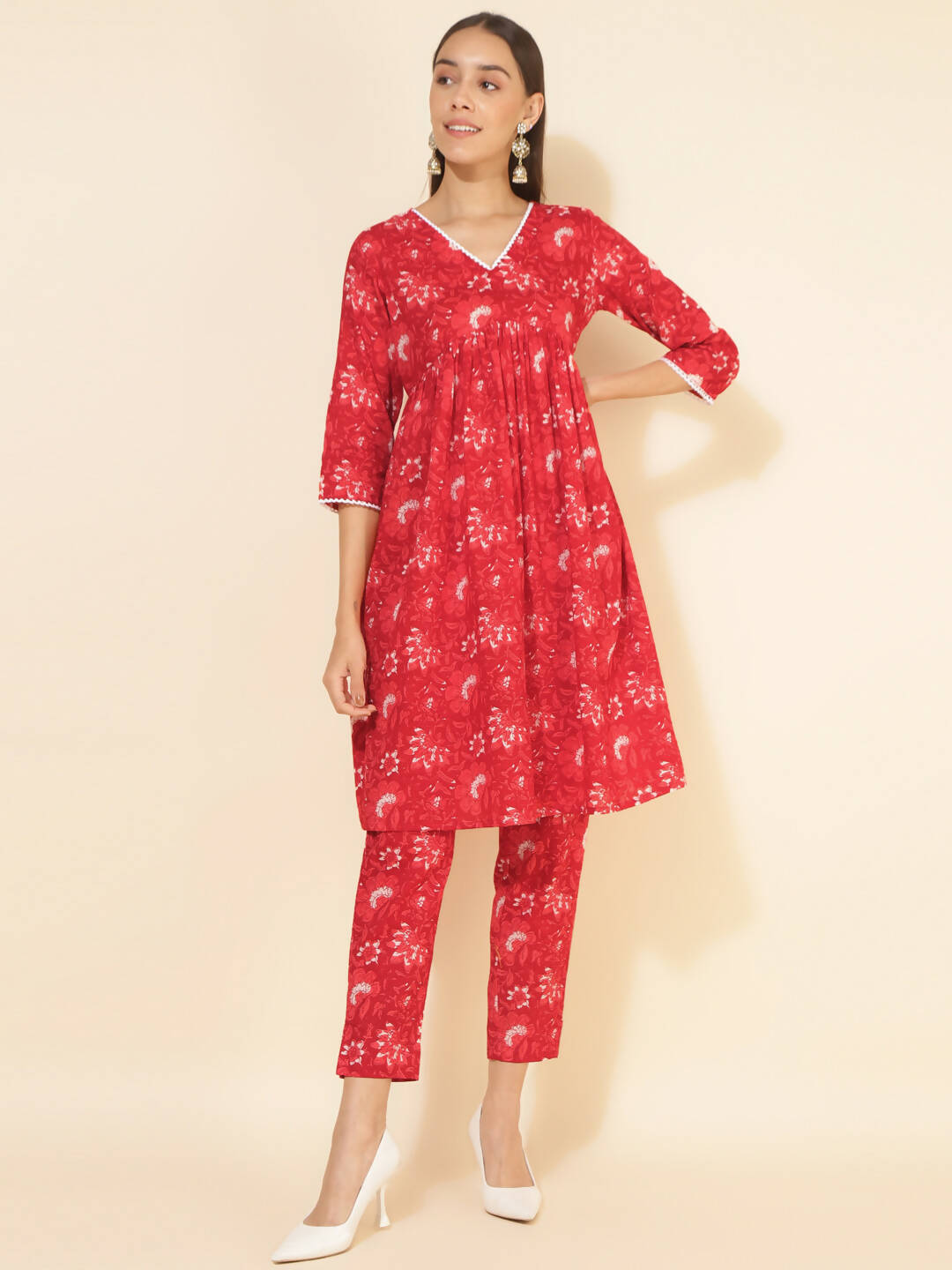 Janasya Women's Red Cotton Floral Printed Casual Flared Co-ords | Grocsy