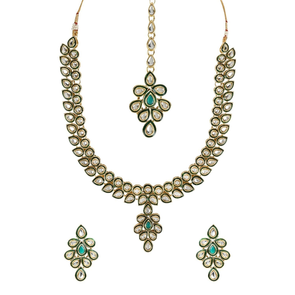 Gold-Polished Traditional Green Meenakari Handcrafted Kundan Necklace With Dangle Earrings & Maang Tikka Jewellery Set For Women/Girls - Wahe Jewels - Swadesiicart