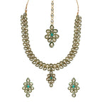 Gold-Polished Traditional Green Meenakari Handcrafted Kundan Necklace With Dangle Earrings & Maang Tikka Jewellery Set For Women/Girls - Wahe Jewels - Swadesiicart