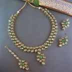 Gold-Polished Traditional Green Meenakari Handcrafted Kundan Necklace With Dangle Earrings & Maang Tikka Jewellery Set For Women/Girls - Wahe Jewels - Swadesiicart