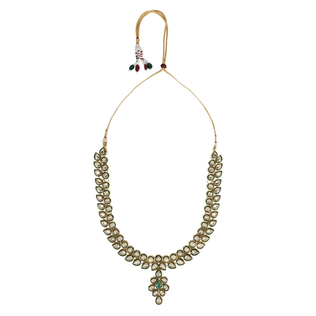 Gold-Polished Traditional Green Meenakari Handcrafted Kundan Necklace With Dangle Earrings & Maang Tikka Jewellery Set For Women/Girls - Wahe Jewels - Swadesiicart