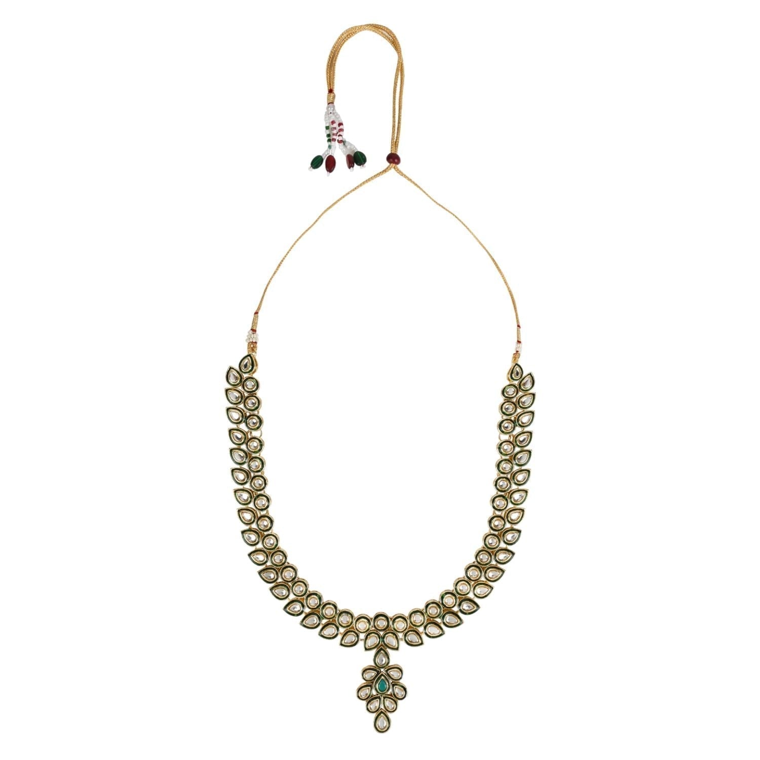 Gold-Polished Traditional Green Meenakari Handcrafted Kundan Necklace With Dangle Earrings & Maang Tikka Jewellery Set For Women/Girls - Wahe Jewels - Swadesiicart