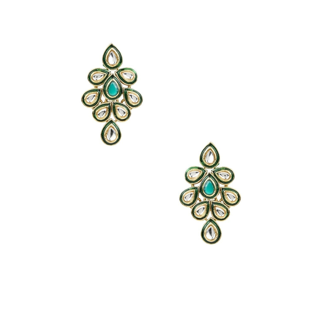 Gold-Polished Traditional Green Meenakari Handcrafted Kundan Necklace With Dangle Earrings & Maang Tikka Jewellery Set For Women/Girls - Wahe Jewels - Swadesiicart
