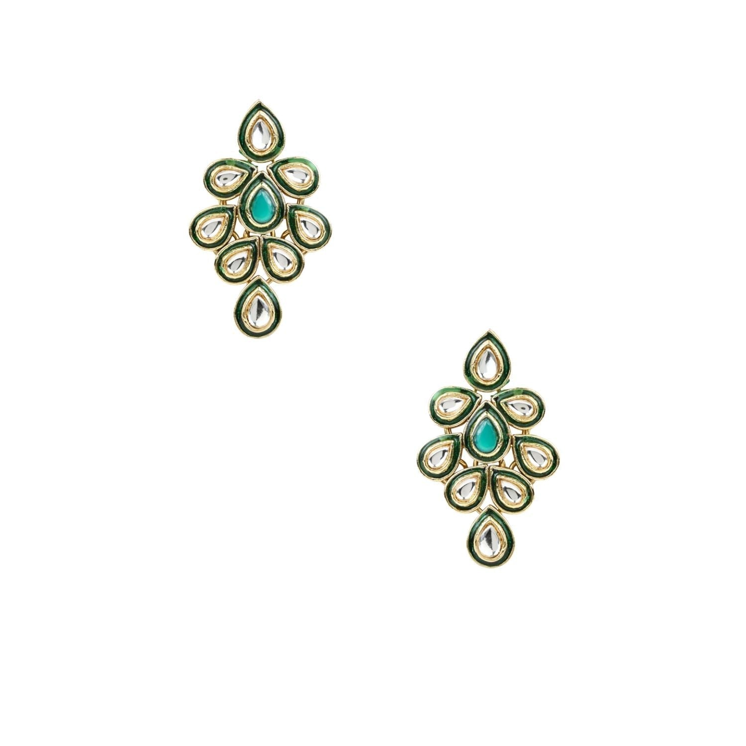 Gold-Polished Traditional Green Meenakari Handcrafted Kundan Necklace With Dangle Earrings & Maang Tikka Jewellery Set For Women/Girls - Wahe Jewels - Swadesiicart