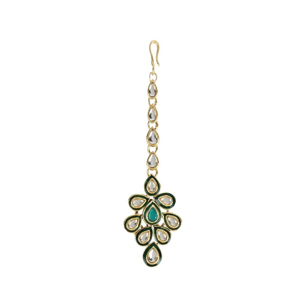 Gold-Polished Traditional Green Meenakari Handcrafted Kundan Necklace With Dangle Earrings & Maang Tikka Jewellery Set For Women/Girls - Wahe Jewels - Swadesiicart