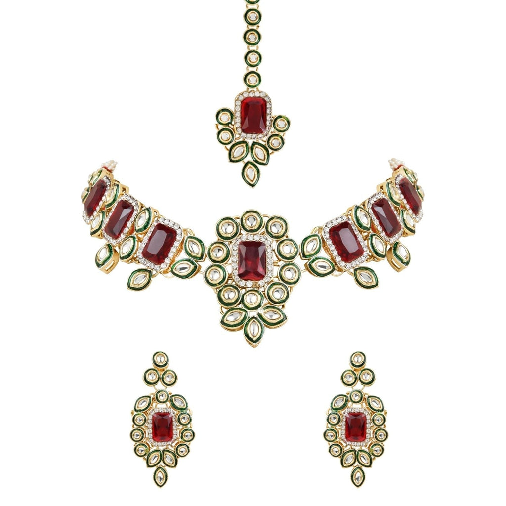 Gold-Polished Traditional Kundan & Stone Studded Choker Necklace Jewellery with Earrings & Maang Tikka Set for Women - Wahe Jewels - Swadesiicart
