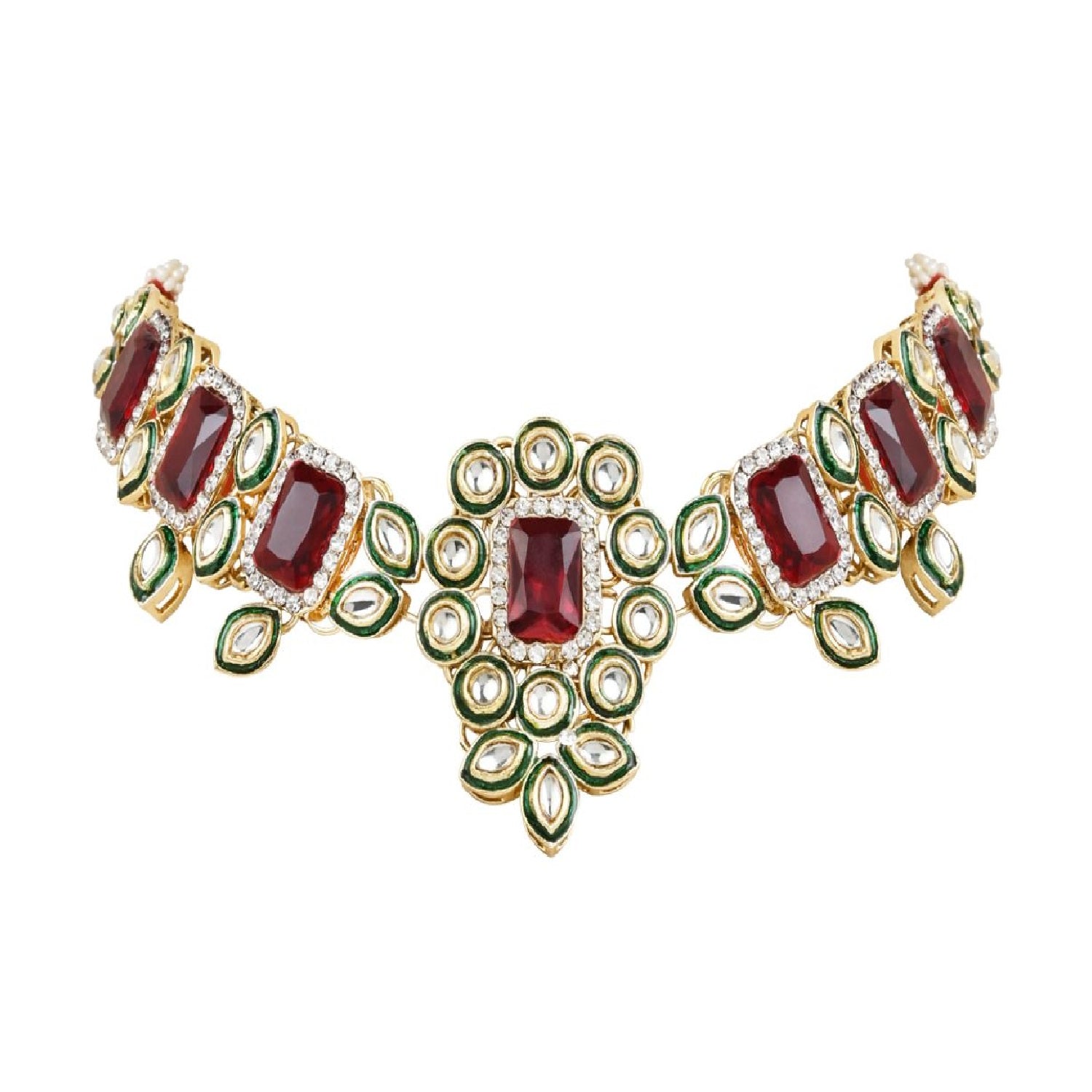 Gold-Polished Traditional Kundan & Stone Studded Choker Necklace Jewellery with Earrings & Maang Tikka Set for Women - Wahe Jewels - Swadesiicart